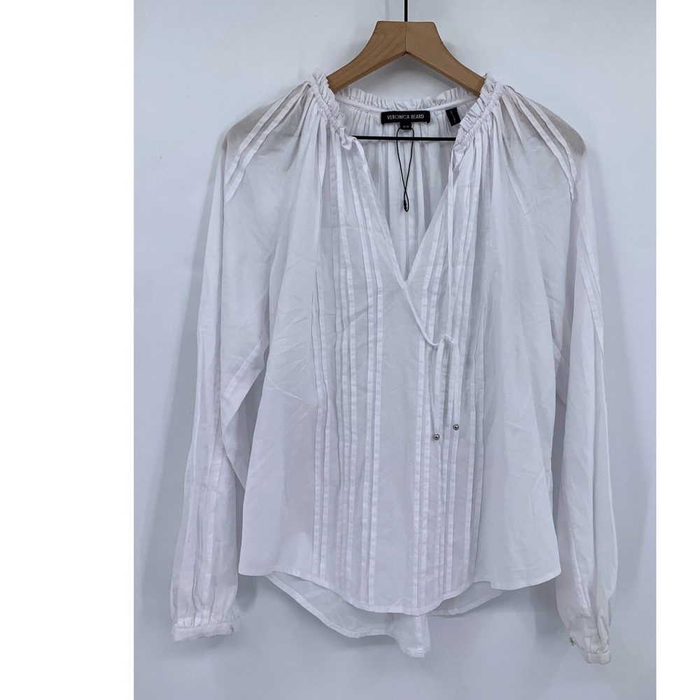 Veronica Beard Blouse Womens Medium White Cotton Pintuck V-Neck Long Sleeve Boho